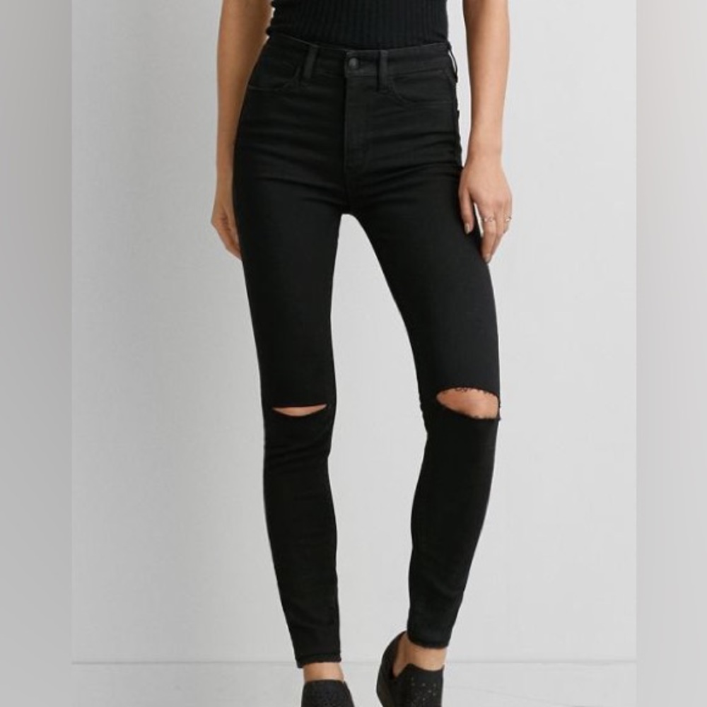 American Eagle Next Level Stretch Black Ripped Skinny Jeans